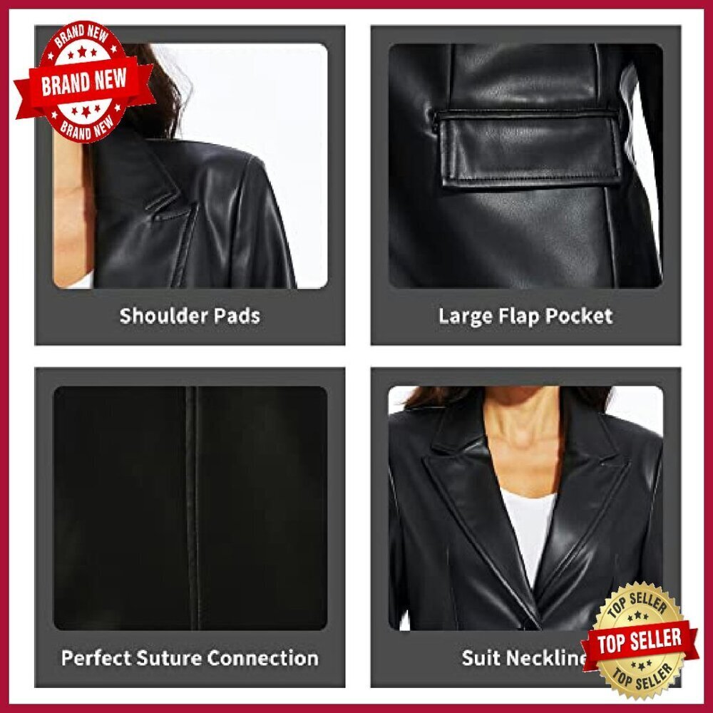 Oversized Faux Leather Blazer Jacket Moto Biker Coat Vegan Pleather - Picture 7 of 7
